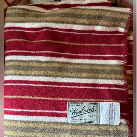 Woolrich Cotton Blend Warm Striped Maroon Tan and White Throw Blanket 54" x 58" - Picture 1 of 5